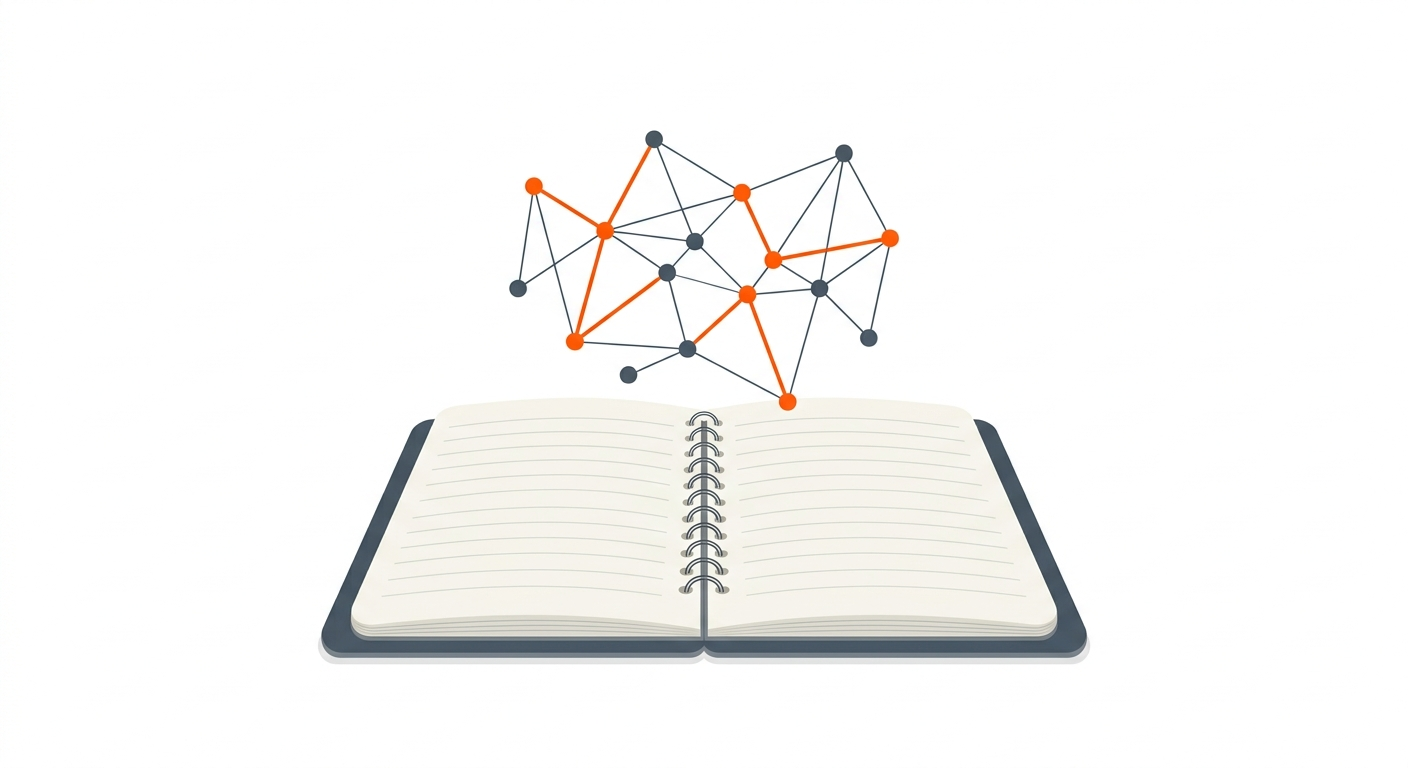 Simple flat illustration of connected nodes forming a small web above an open notebook