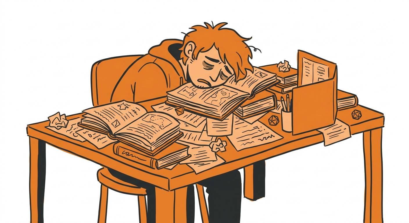 Simple flat illustration of a tired dungeon master at a desk stacked with notebooks
