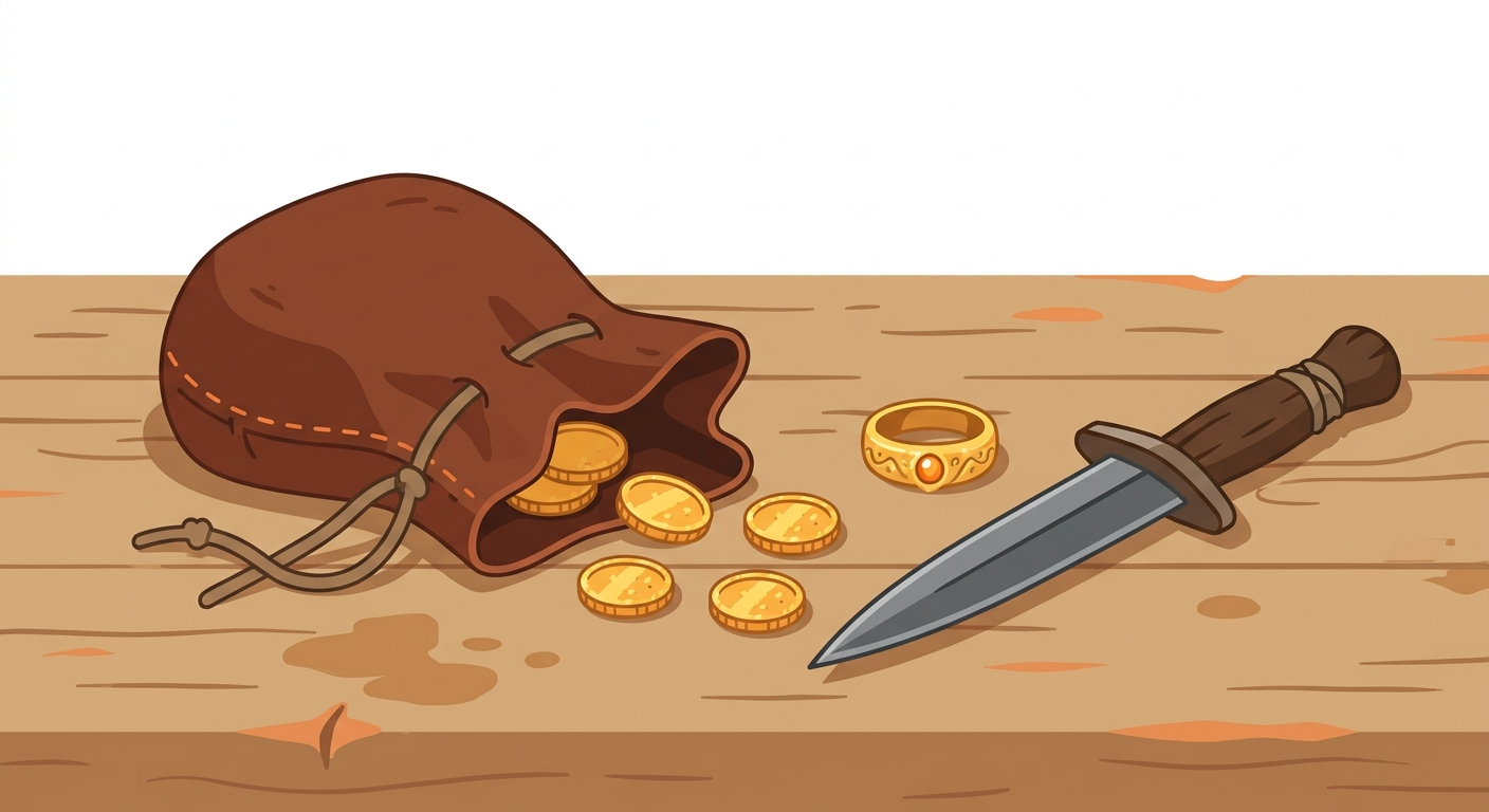 Simple flat illustration of a leather coin pouch spilling gold coins next to a magic ring and a dagger on a table