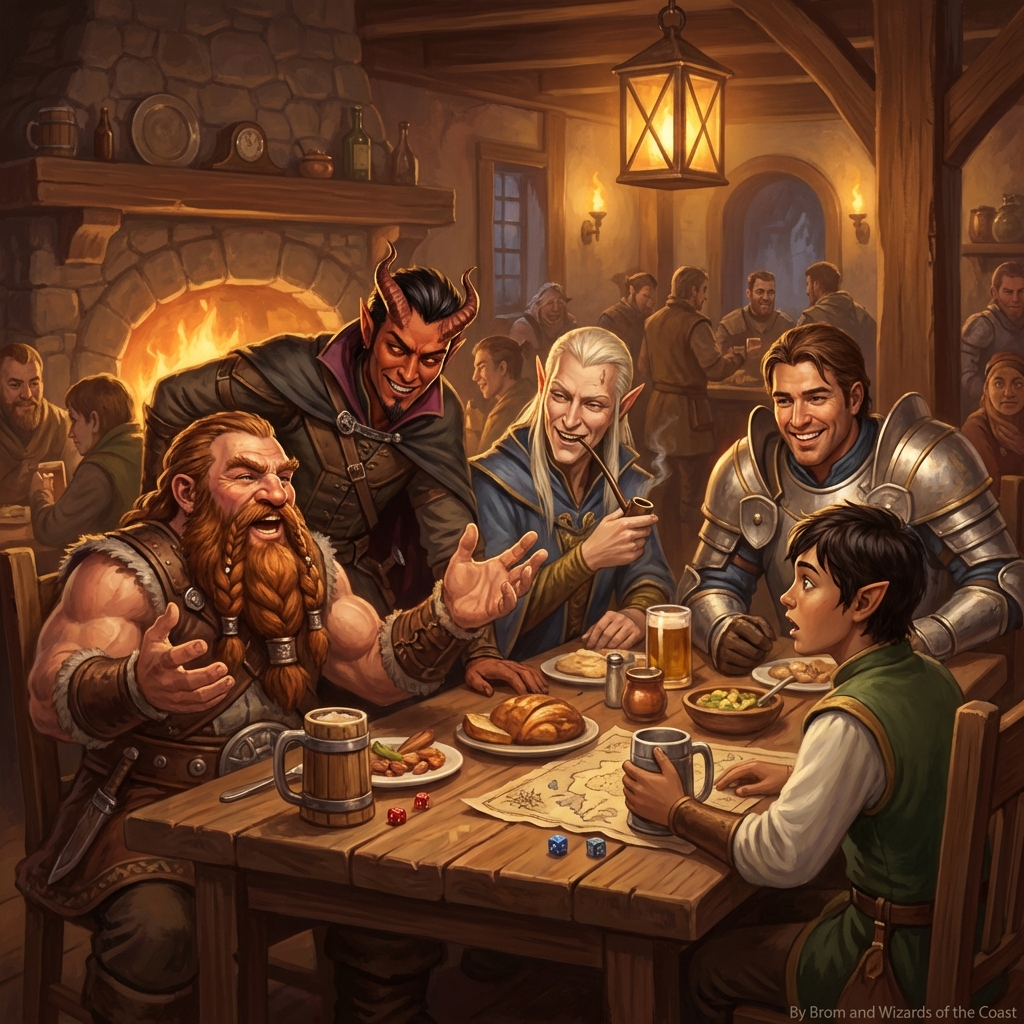 A party sharing stories in a tavern