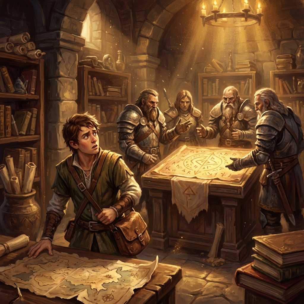 A confused adventurer looking at a complex map or group of seasoned adventurers