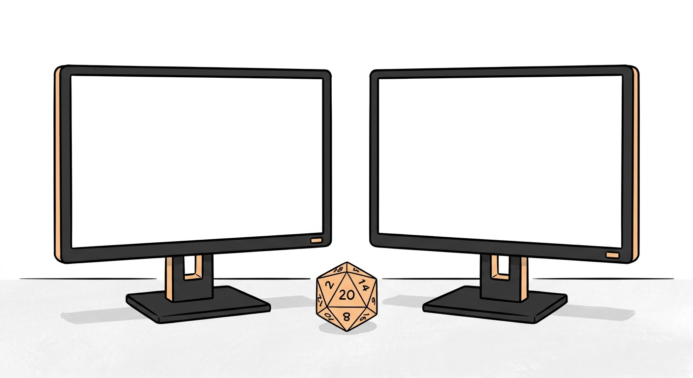 Simple illustration of two screens with a d20 die between them