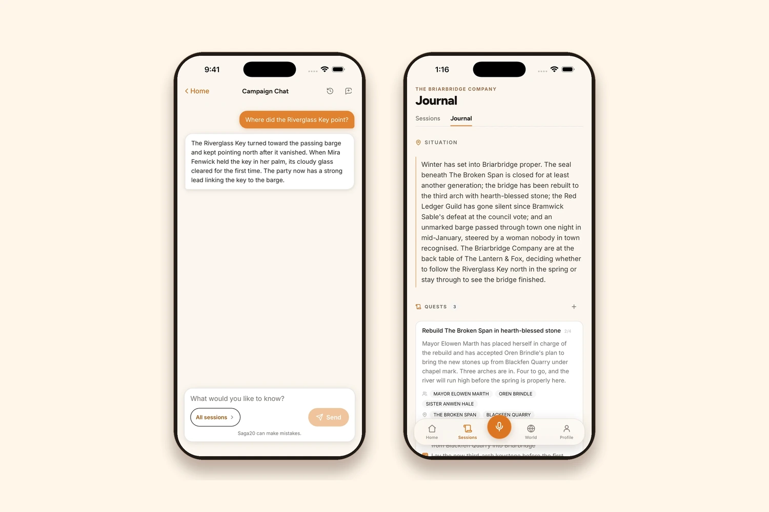 Two iPhones, one showing Campaign Chat answering a question about where the Riverglass Key pointed, and one showing the Campaign Journal with the current situation and active quests