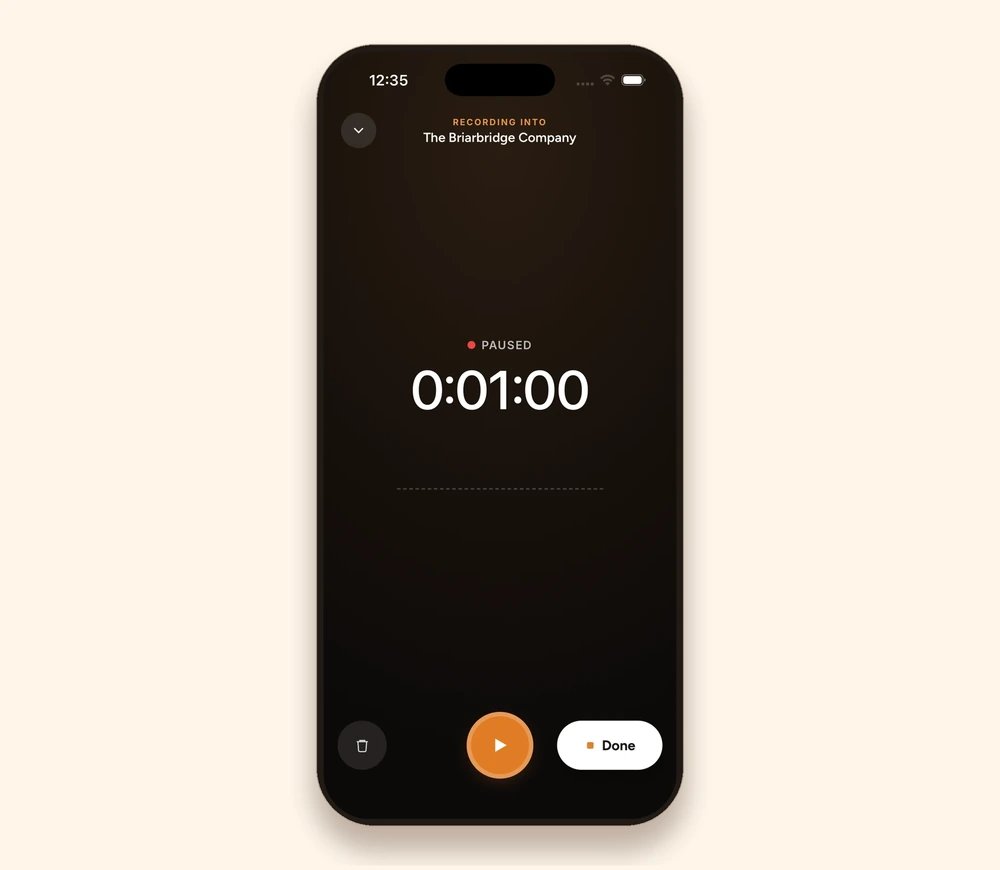 The Saga20 recorder on an iPhone, paused at one minute, with delete, resume and Done controls
