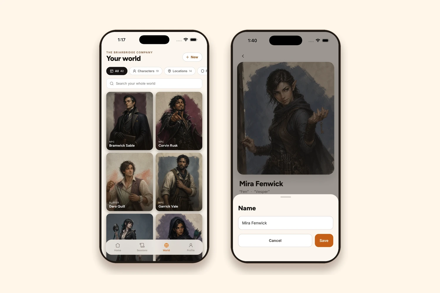 Two iPhones showing the Saga20 World gallery of campaign characters, and renaming a character called Mira Fenwick from her World page