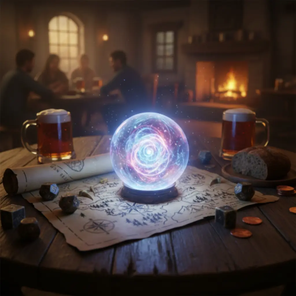 A glowing magical crystal orb sitting on a wooden tavern table, faintly illuminating a map and dice nearby