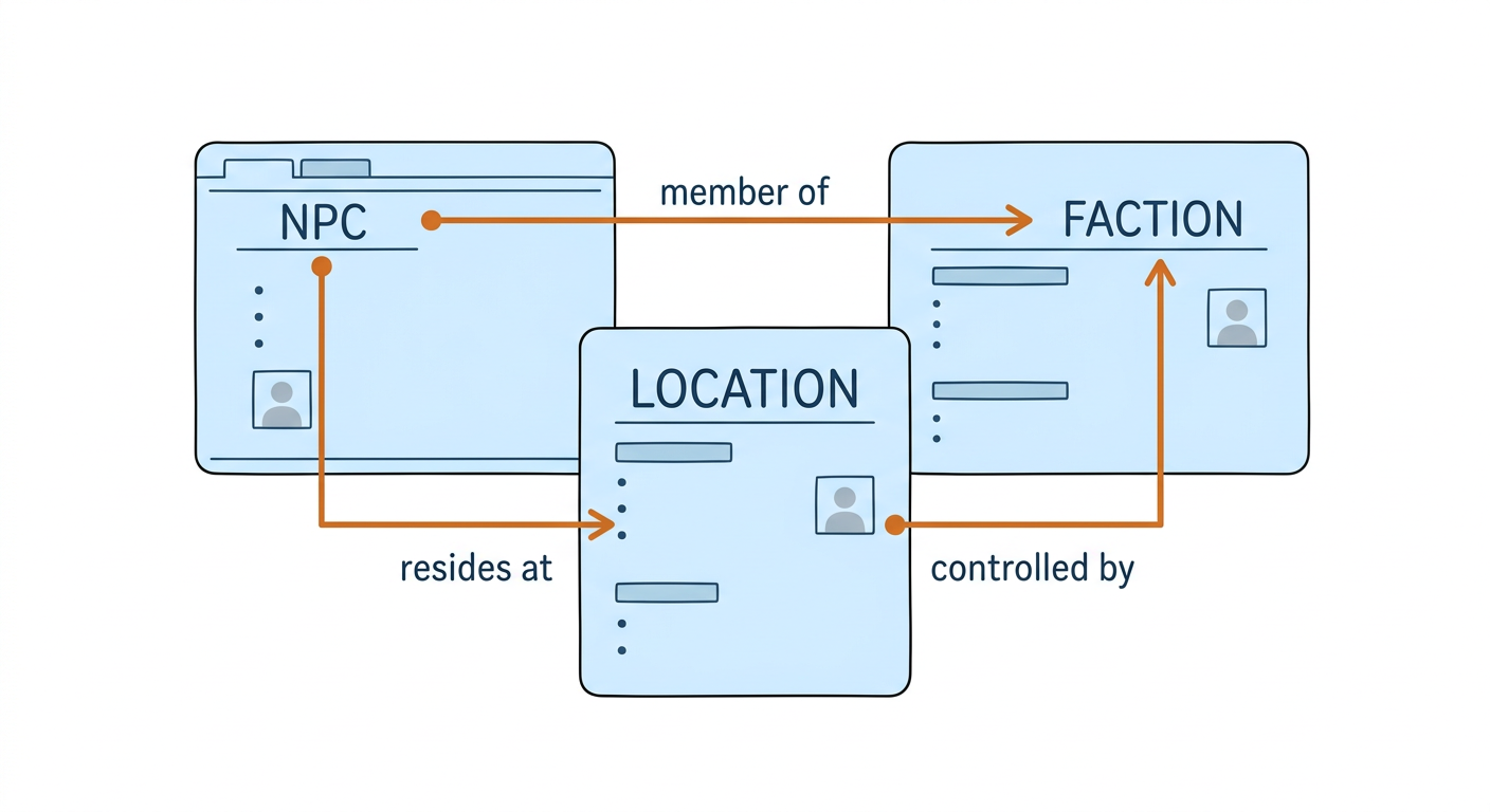 Simple illustration of interconnected campaign wiki pages for NPCs, locations, and factions