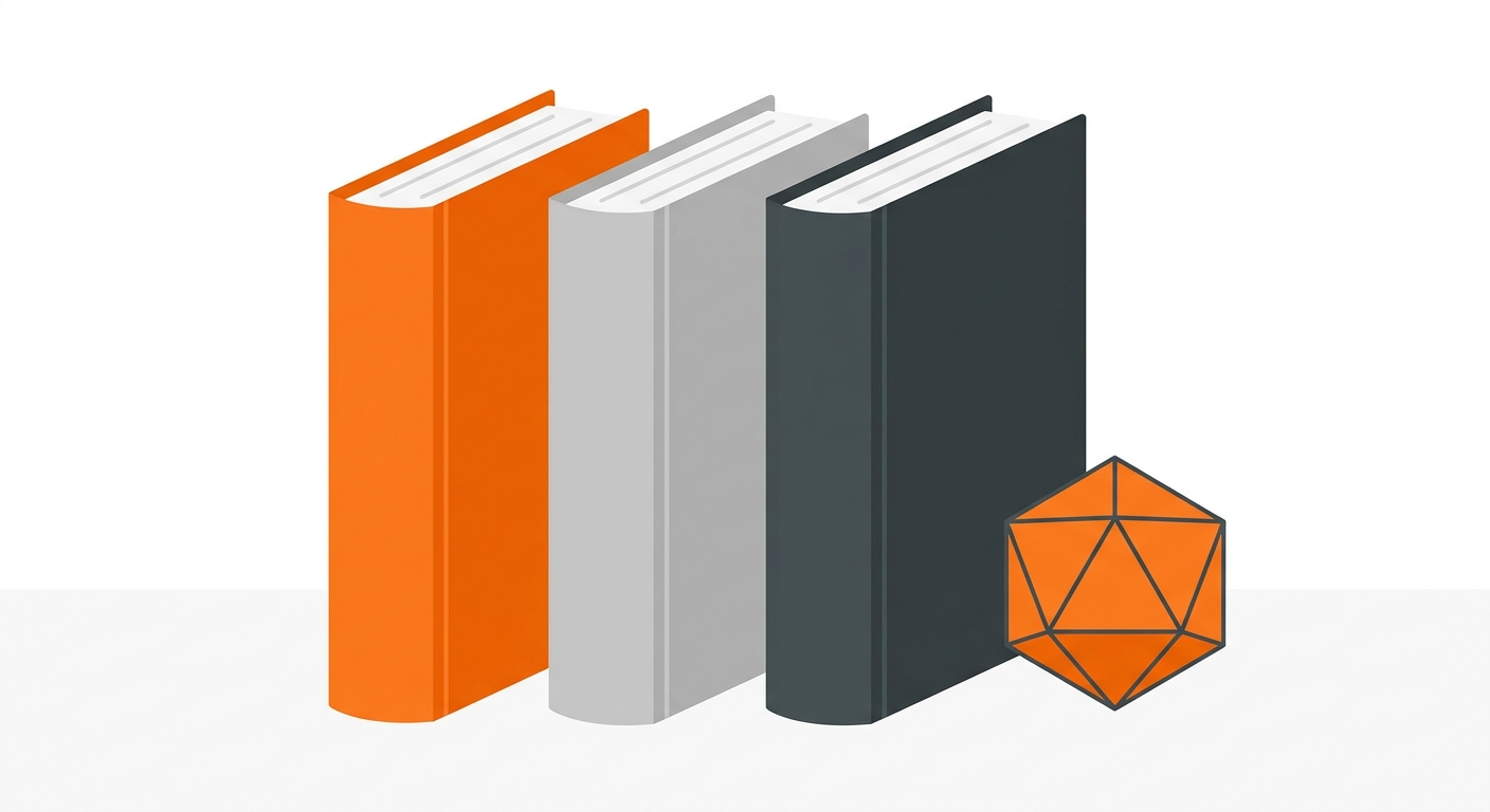 Three campaign notebooks side by side next to a d20