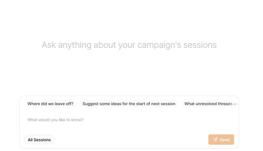 Saga20 Campaign Chat with suggested questions about past sessions