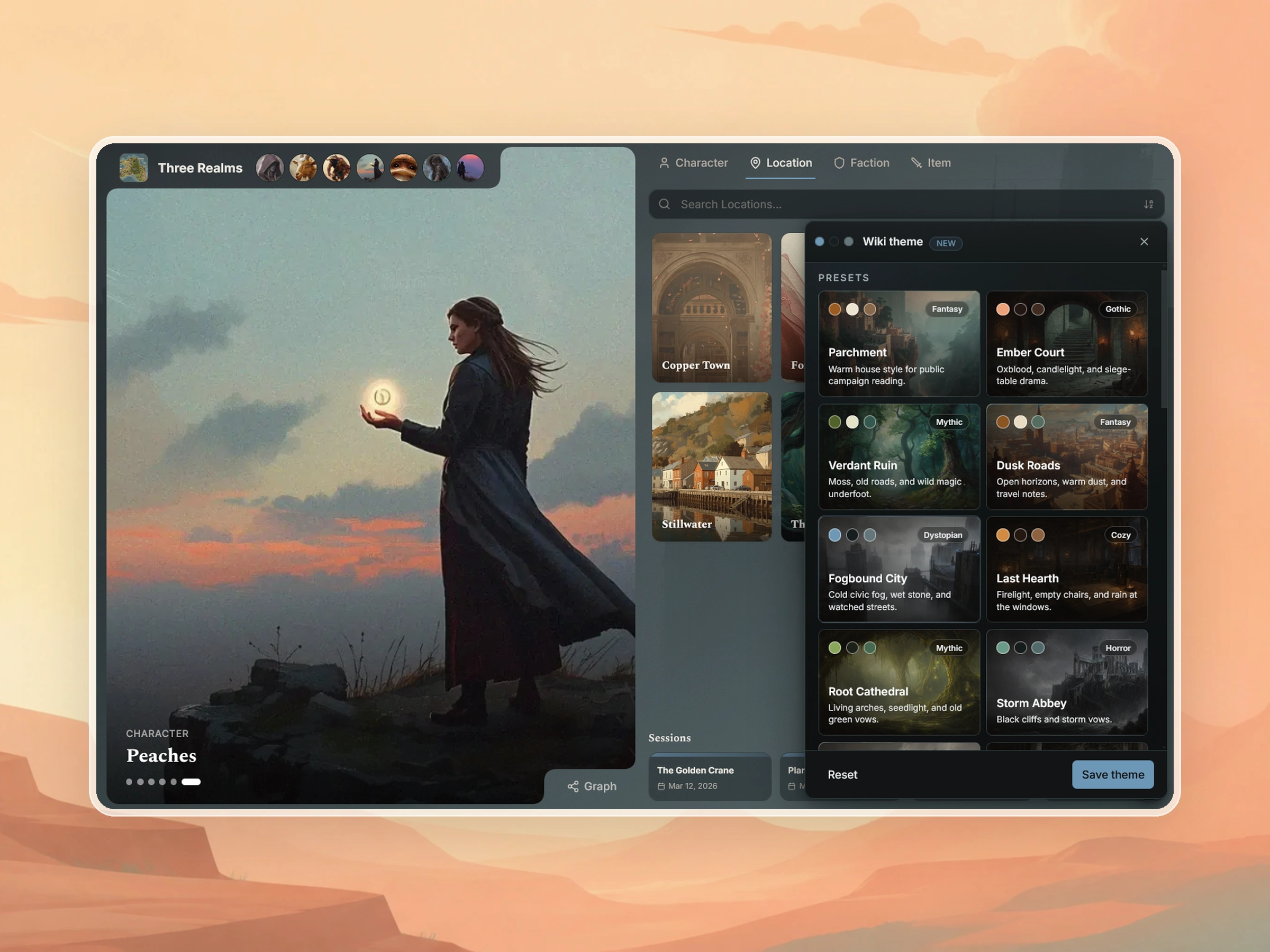 Saga20 campaign wiki with theme presets, custom colors, fonts, and an illustrated character page