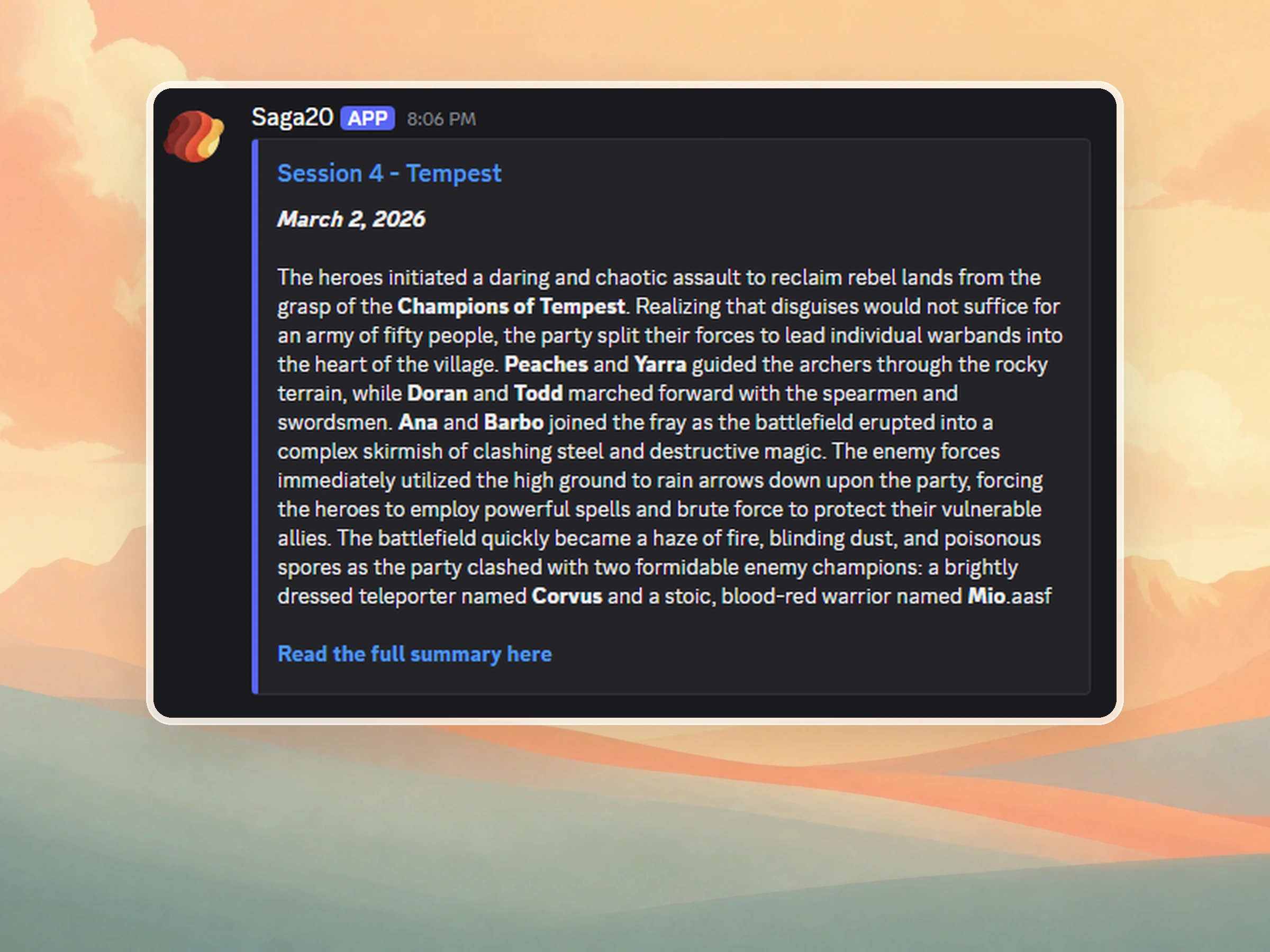 Saga20 session recap published as a formatted Discord message