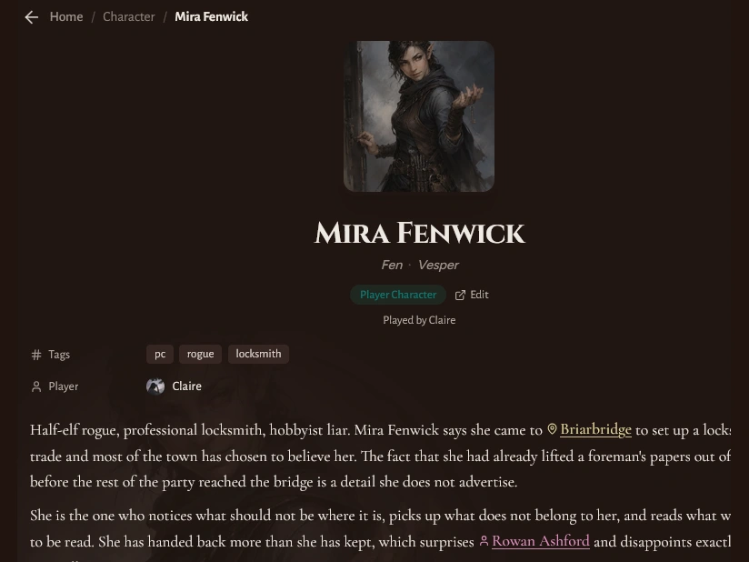 Claimed player character page for Mira Fenwick in a shared Saga20 campaign wiki