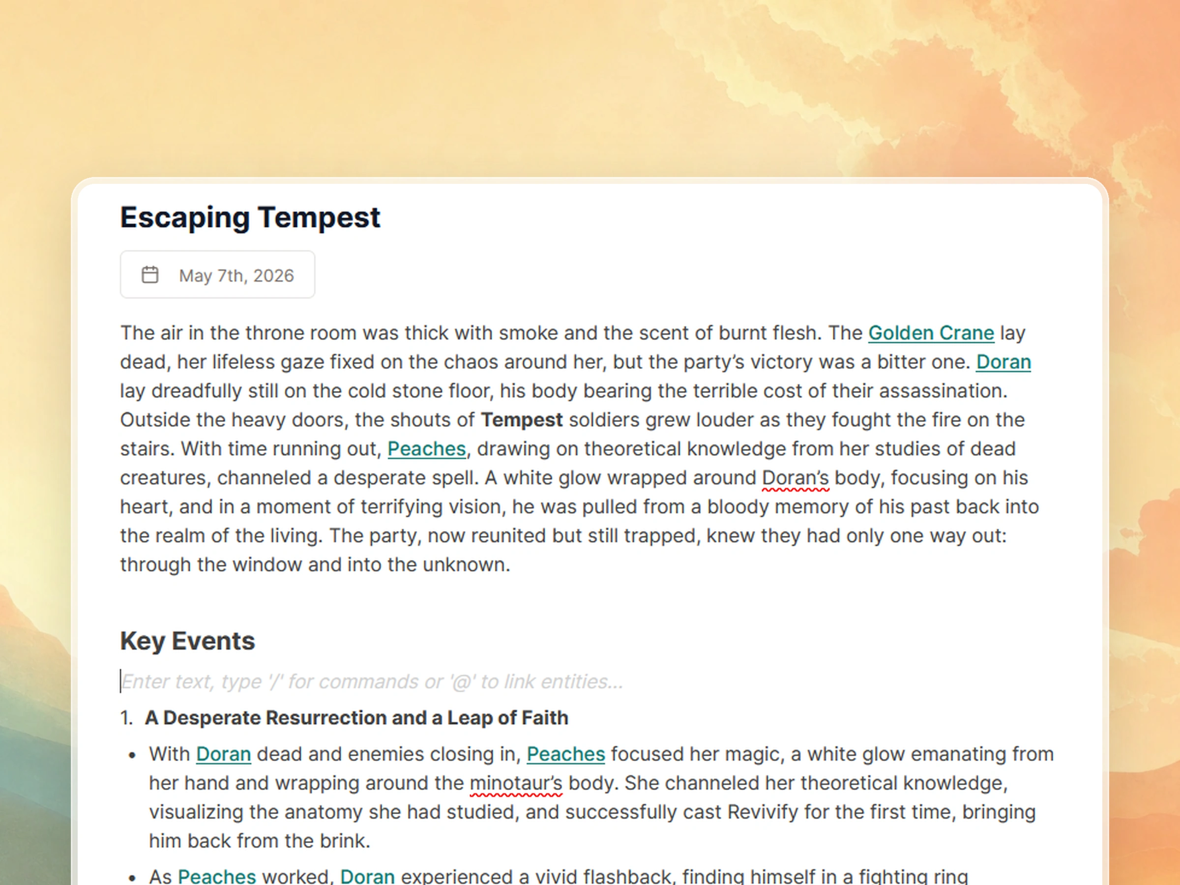 Saga20 session summary for Escaping Tempest with linked campaign characters and key events