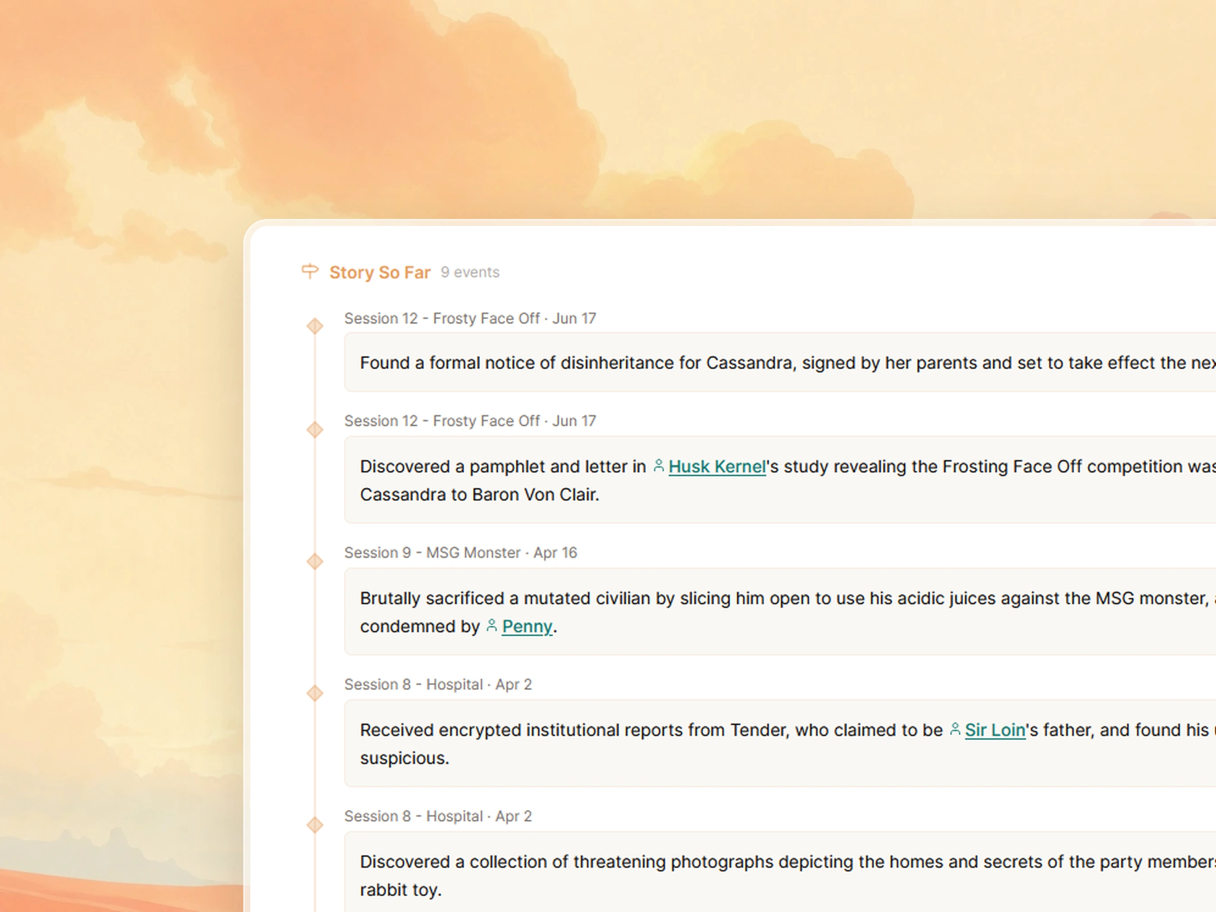 Saga20 Story So Far timeline showing automatic campaign history updates