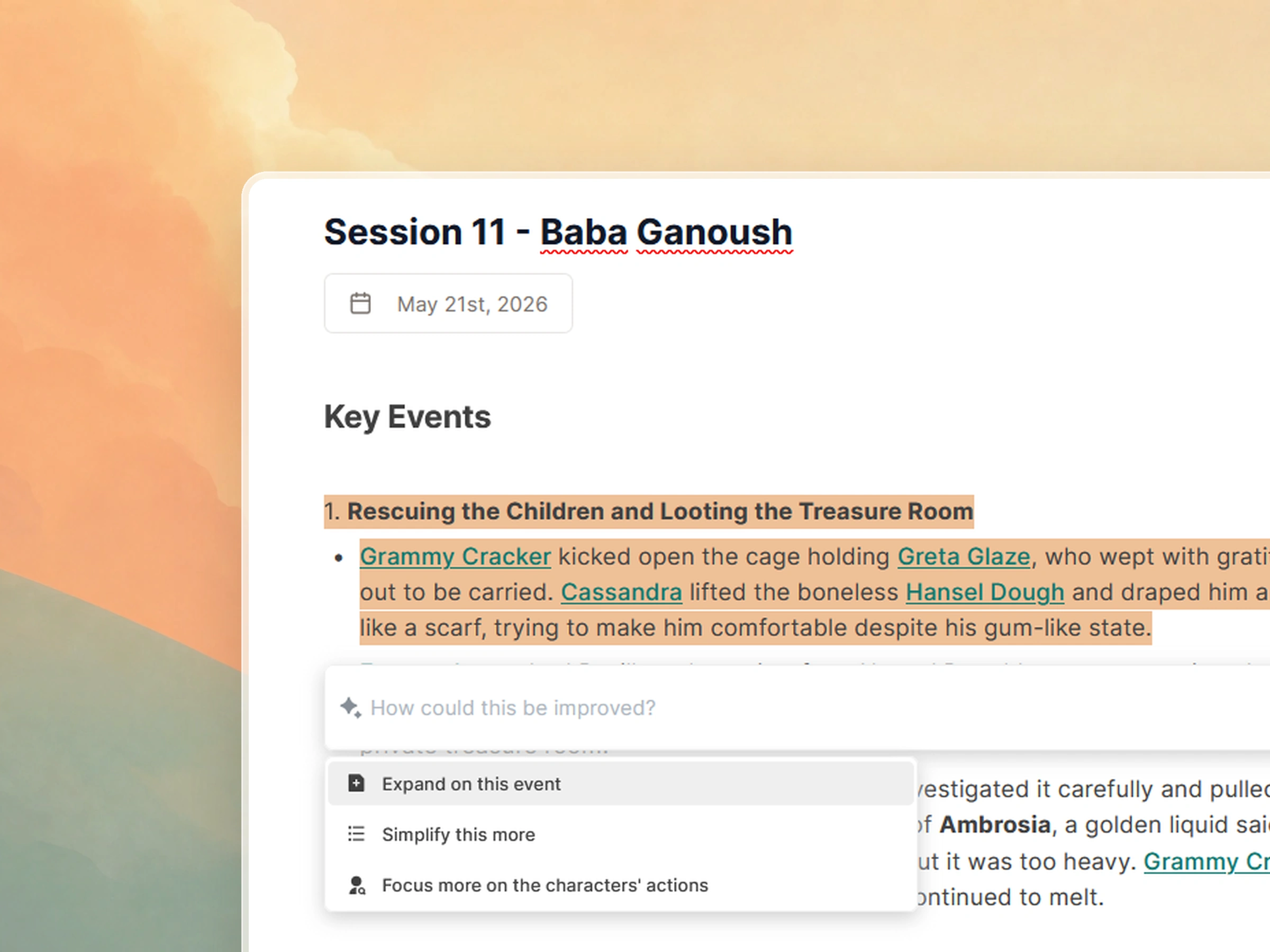 Saga20 Quick Edit controls improving a section of a tabletop RPG session recap
