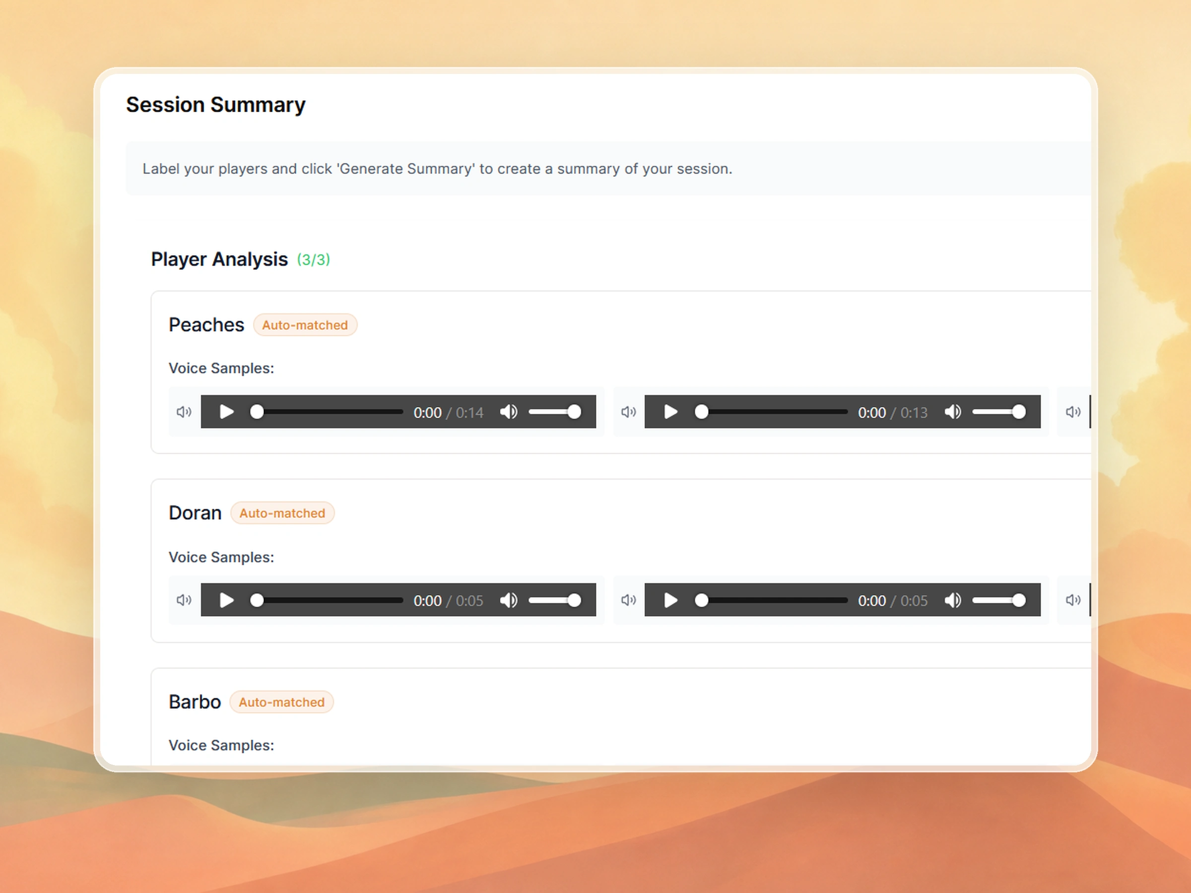 Speaker matching controls assigning players to voices in Saga20