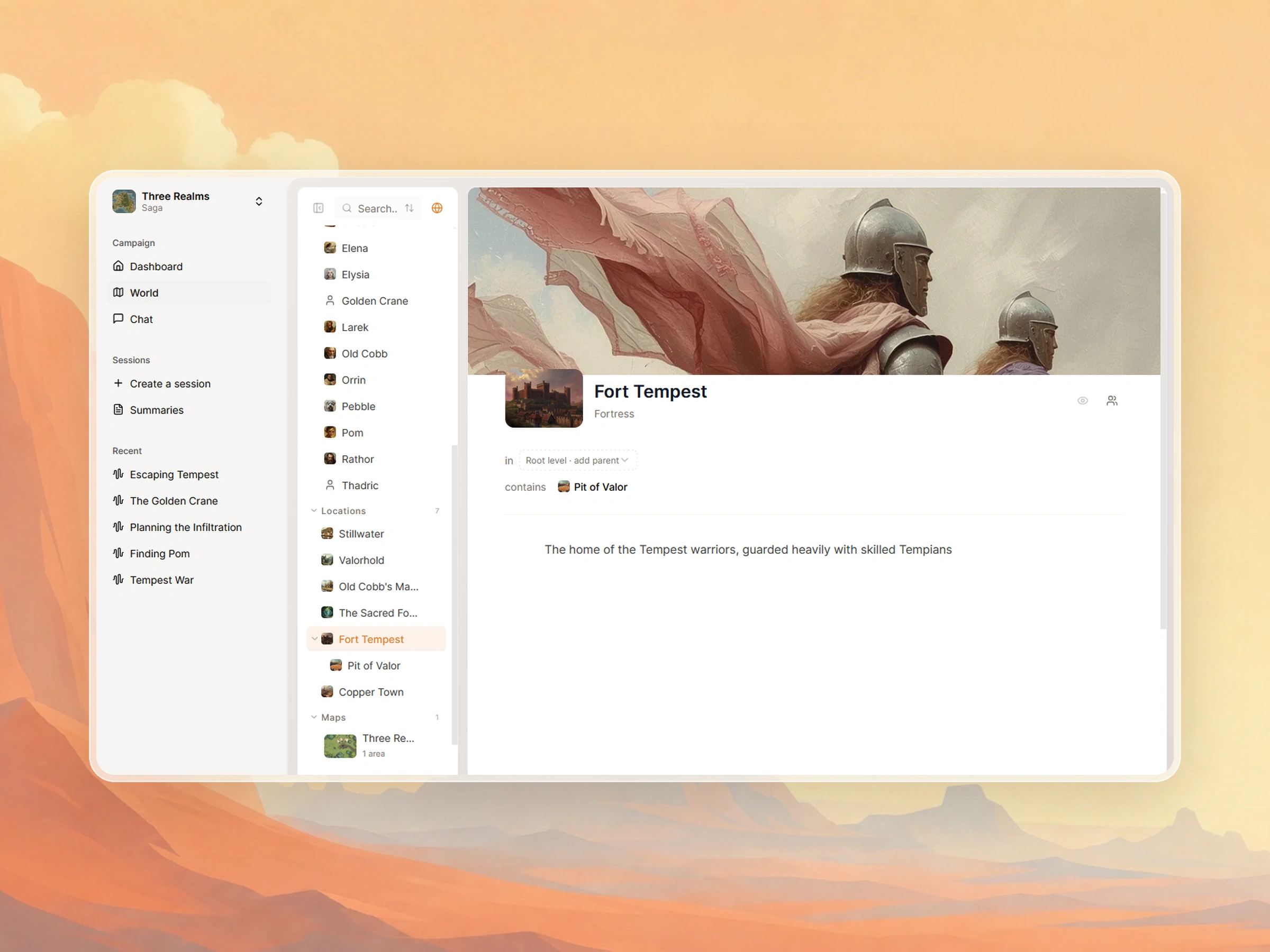 Saga20 world editor with campaign navigation, entity pages, and a location open for editing
