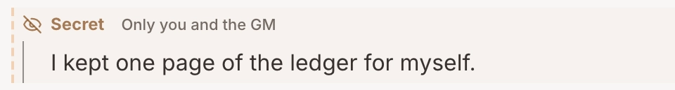 A player's Secret on their character page, labelled Only you and the GM.