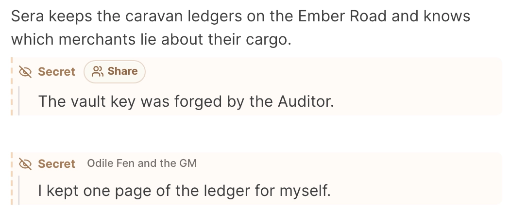 A Secret written by the GM with its Share button, and below it a player's Secret labelled Odile Fen and the GM.