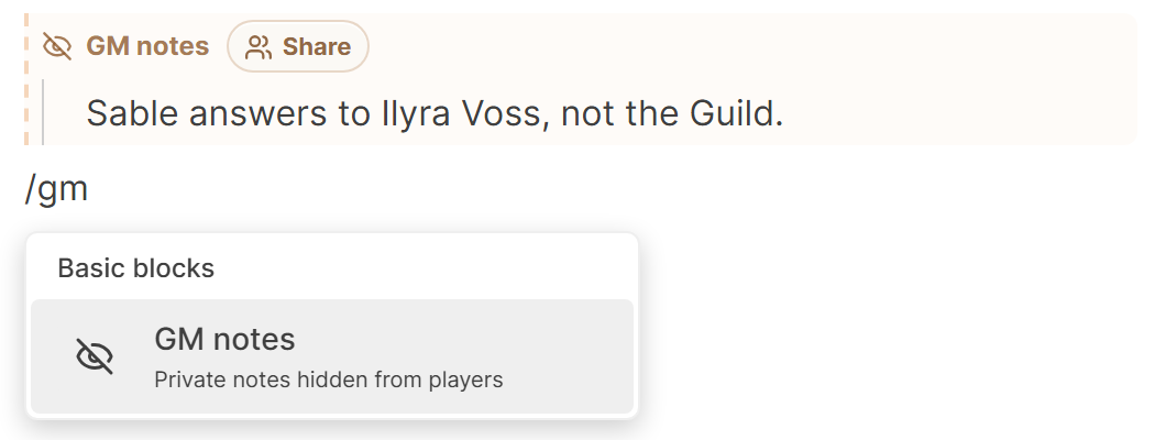 The slash menu under /gm, showing GM notes with the line Private notes hidden from players.