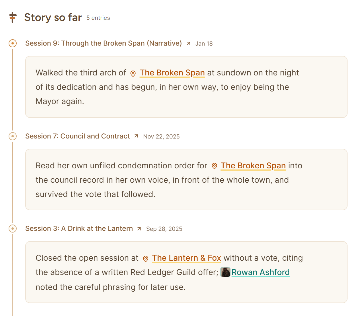 Story so far on Mayor Elowen Marth's page, with an entry from each session she appeared in.