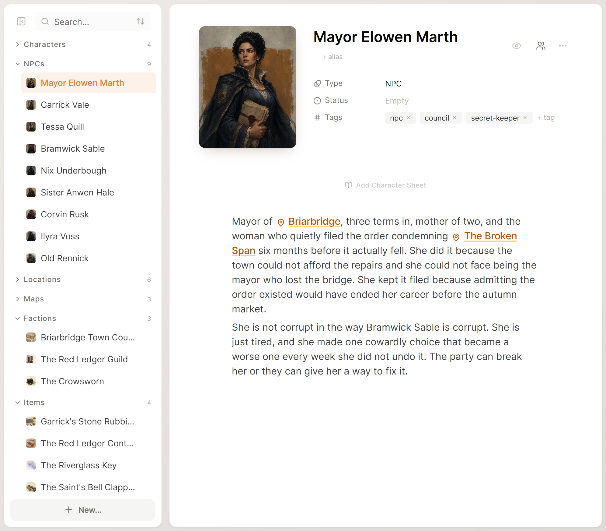 The World sidebar with NPCs, factions and items beside their pictures, and Mayor Elowen Marth's page open with linked places in her description.