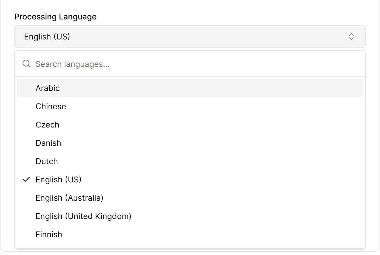 The Processing Language menu open in Campaign Settings, with its search box and the list of languages.