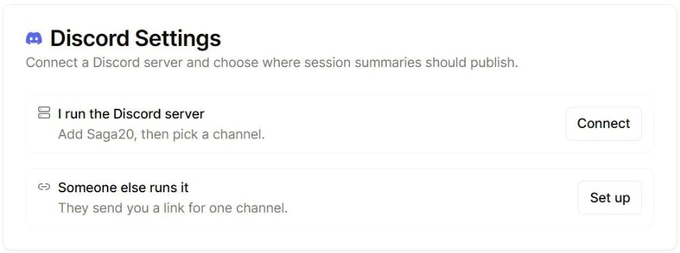 The Discord Settings card in Saga20, showing both ways to connect a channel.