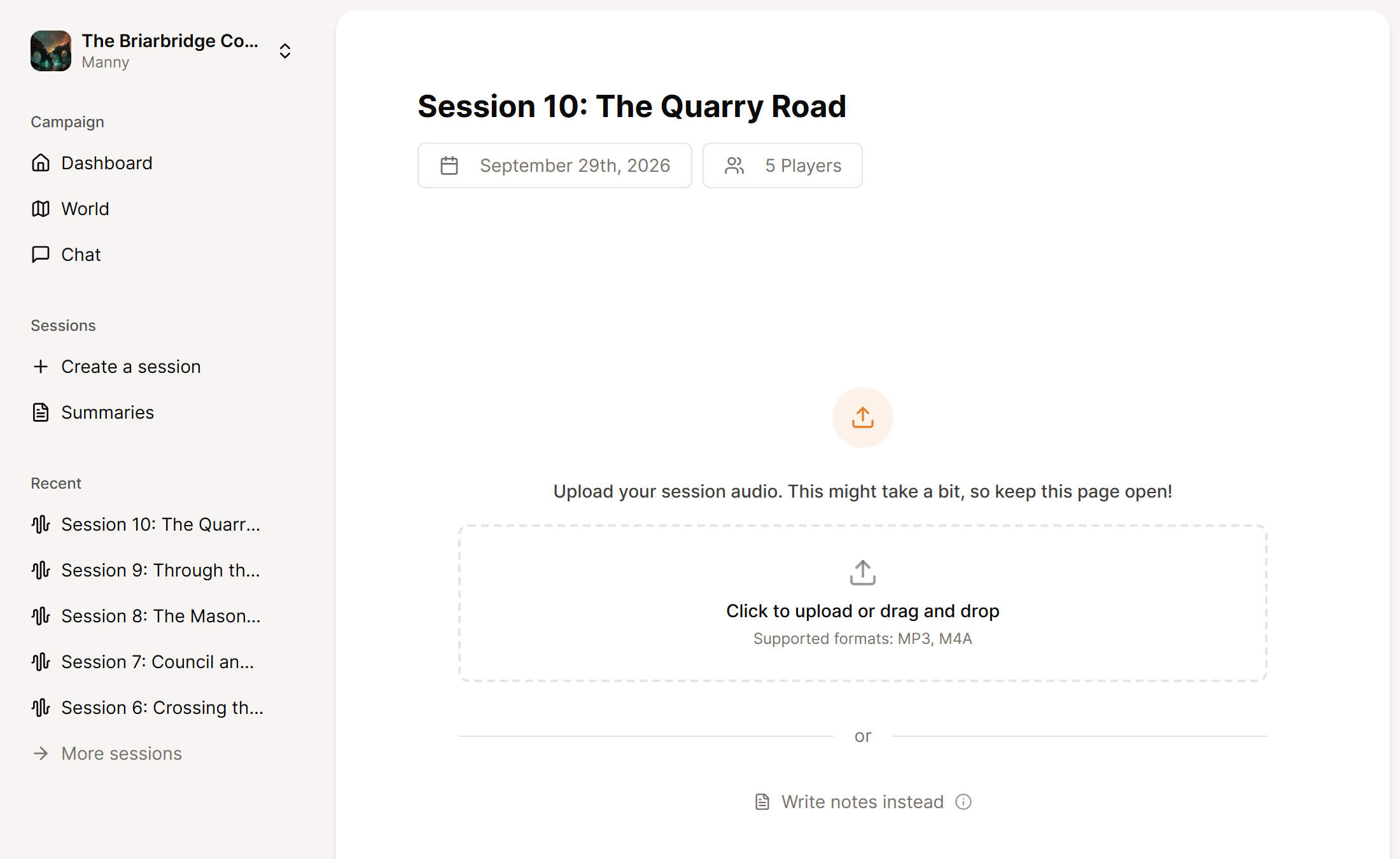 A new session page with its title, date, Players button, upload area and Write notes instead.