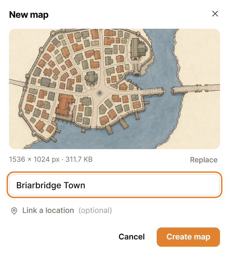 The New map dialog with a town map added, its name filled in and Link a location below.