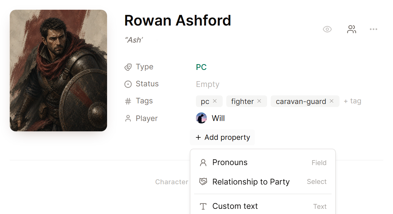 Rowan Ashford's character page in World, with the Add property menu open on Pronouns, Relationship to Party and Custom text.