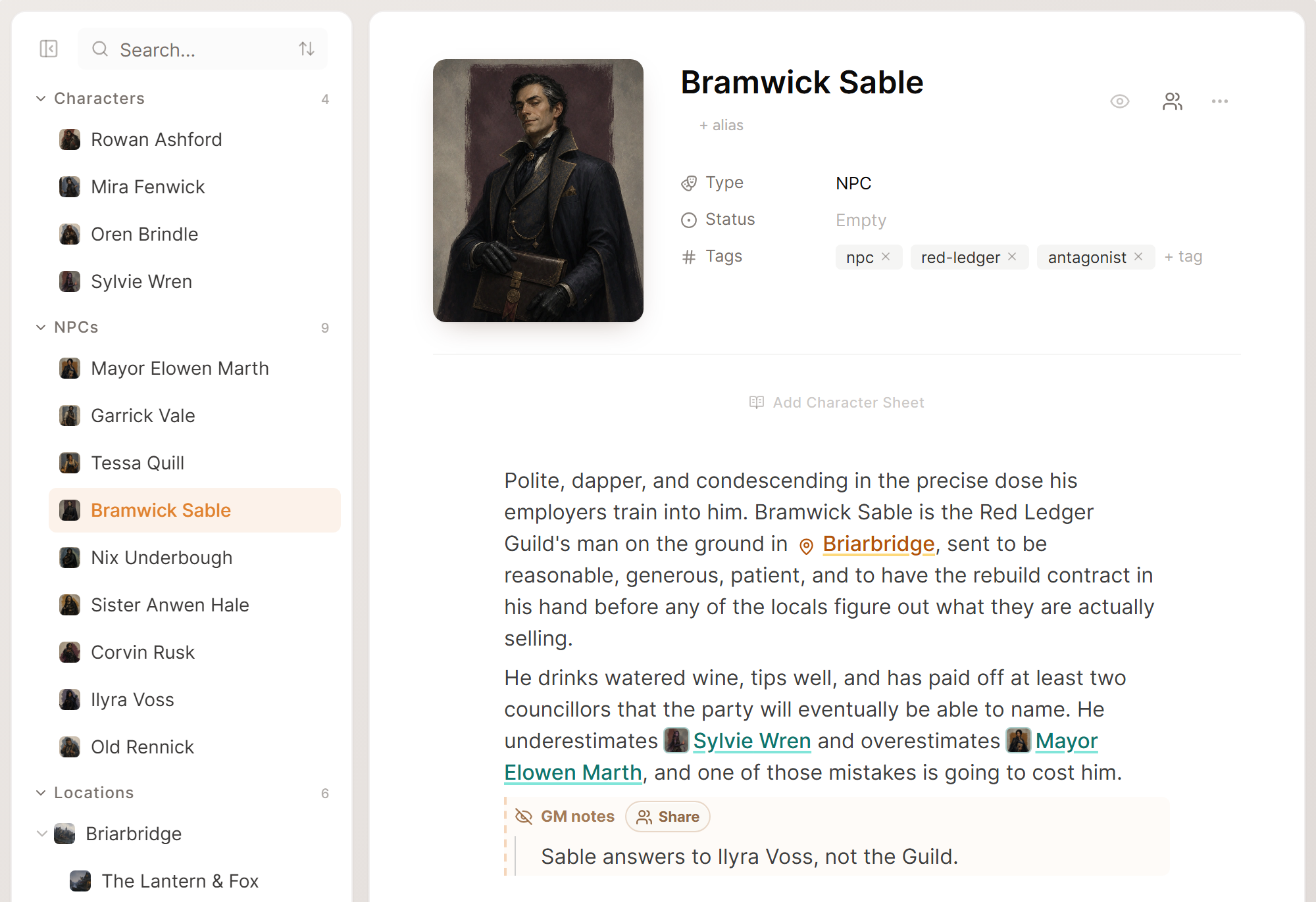 Bramwick Sable's NPC page in World, with his portrait, tags and a description that links to other pages.
