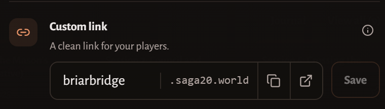 The Custom link row in Owner settings with the link name typed before .saga20.world.