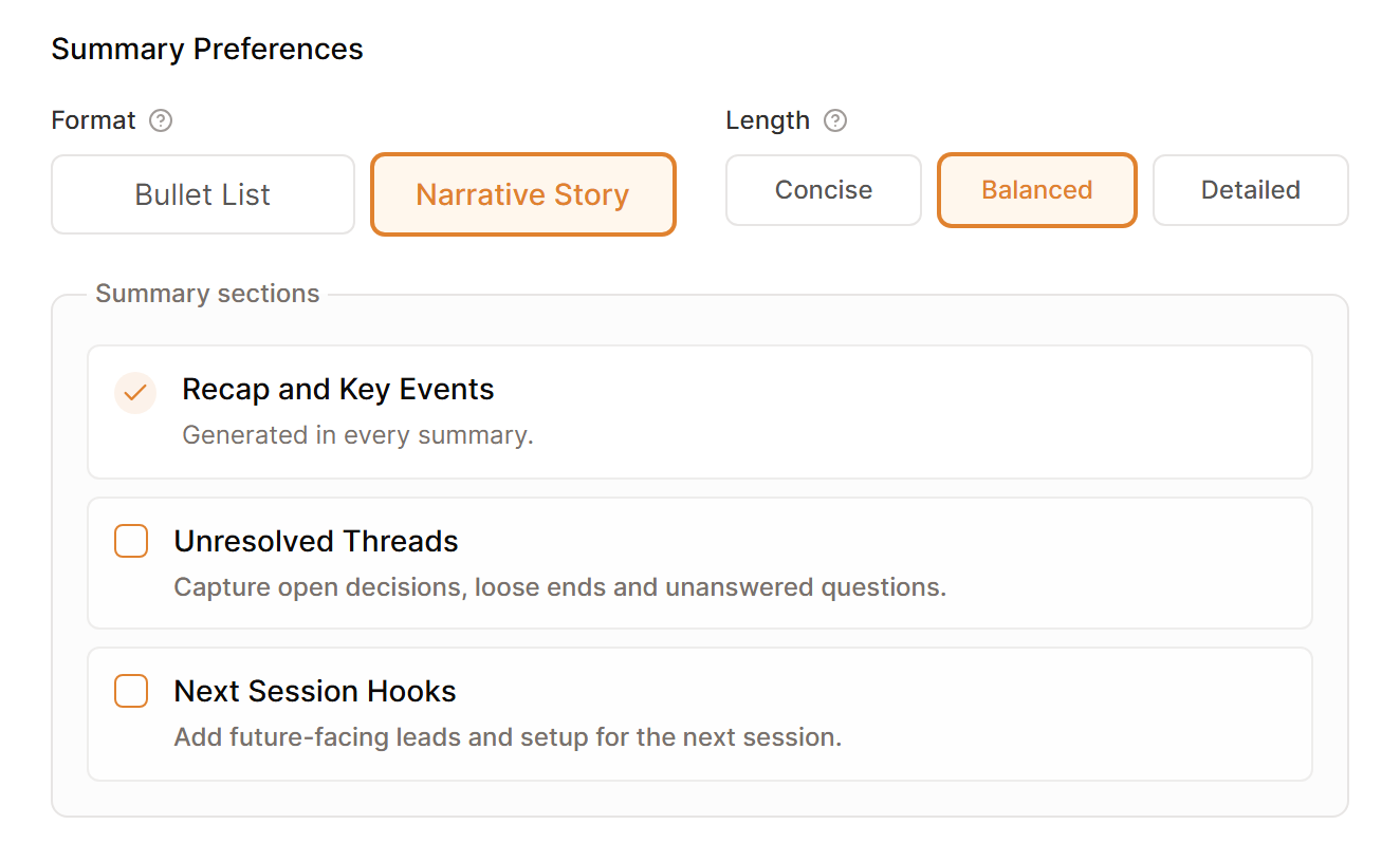 Summary Preferences with Narrative Story and Balanced selected, above the Summary sections box.