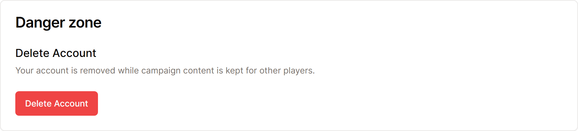 The Danger zone card in Account settings with the Delete Account button.