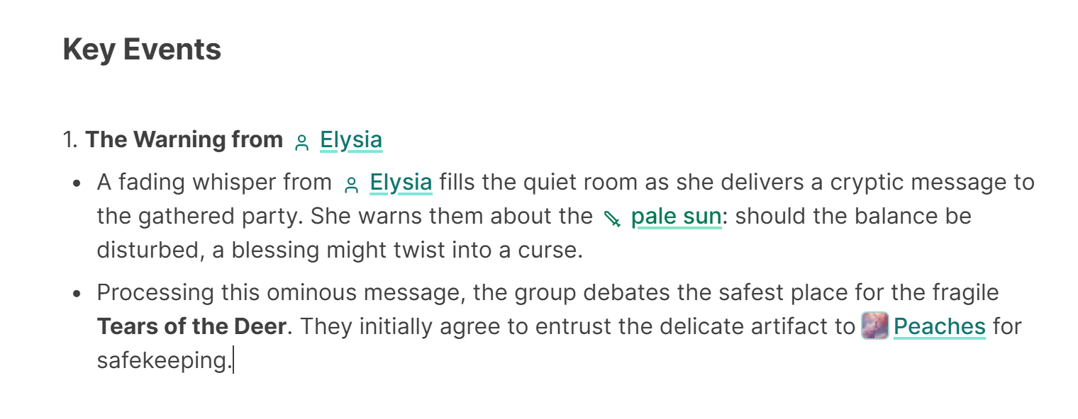 A session summary open for editing, with the cursor at the end of a Key Events bullet.