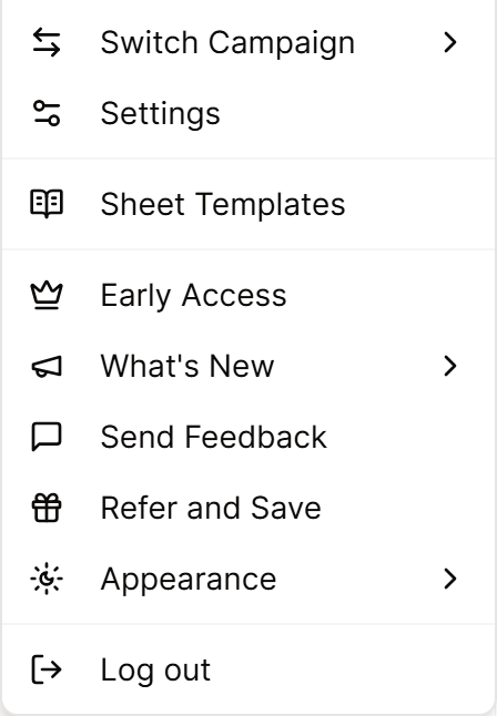 The menu under the campaign name, from Switch Campaign and Settings down to Appearance and Log out.