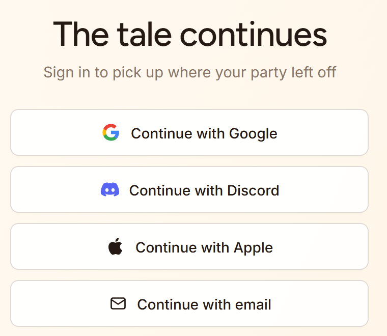 The Saga20 sign-in card with Continue with Google, Discord, Apple and email.