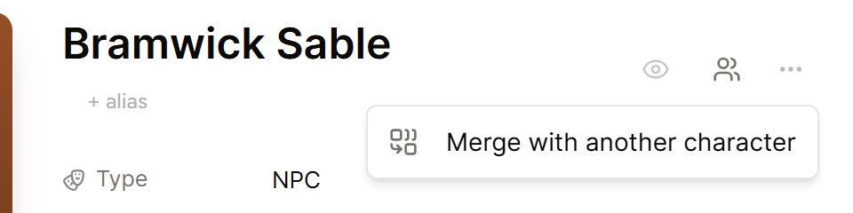 The menu open at the top of a character page with Merge with another character.