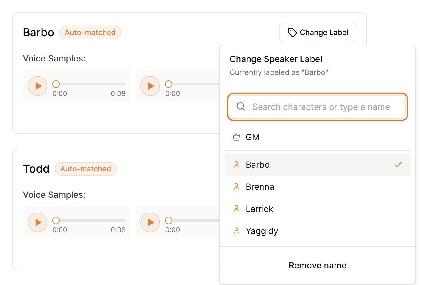 The Change Speaker Label menu open on a voice in Player Analysis, listing GM, the player characters and Remove name.