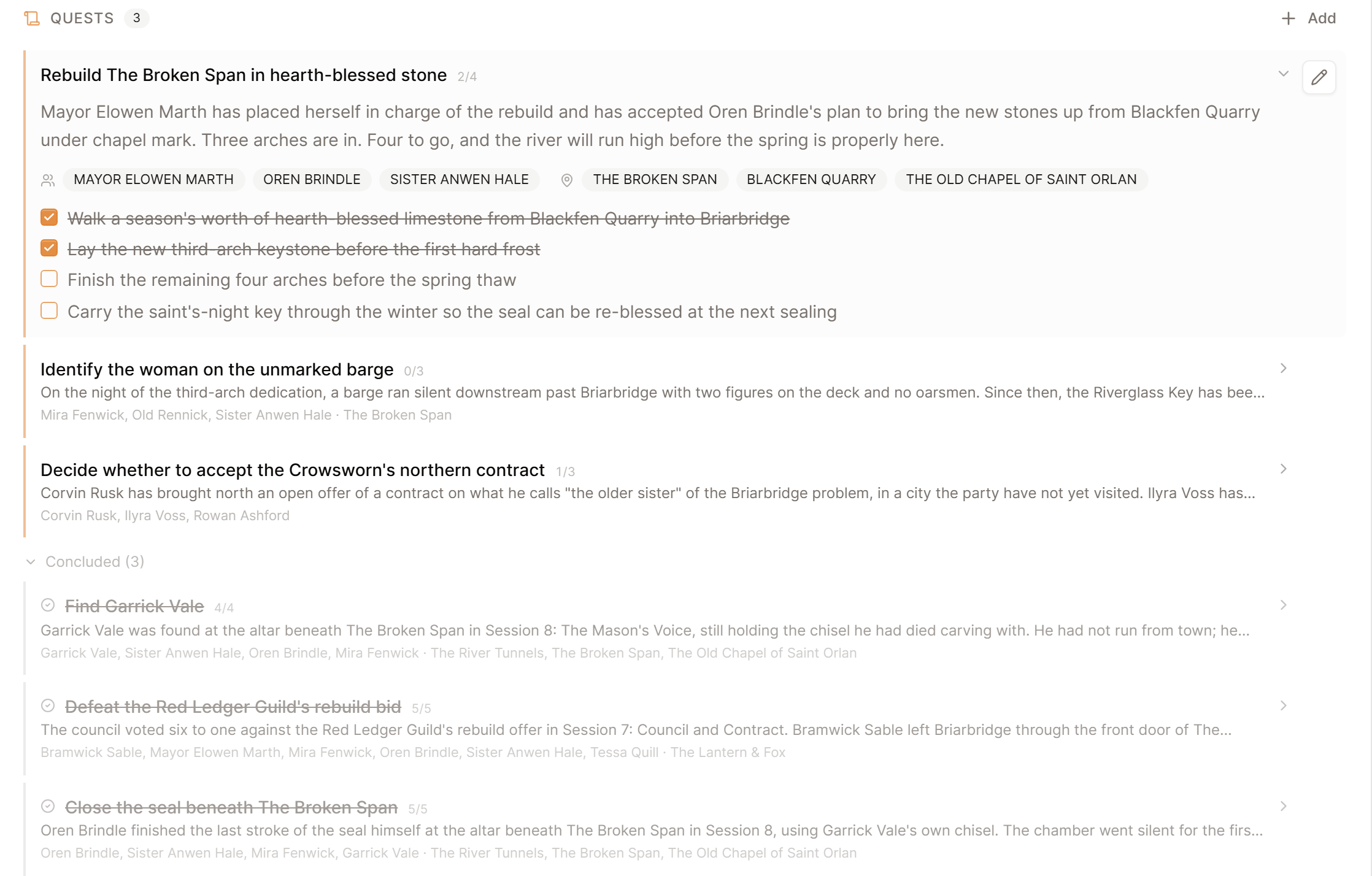 The Saga20 campaign journal with ticked quest objectives and concluded quests.