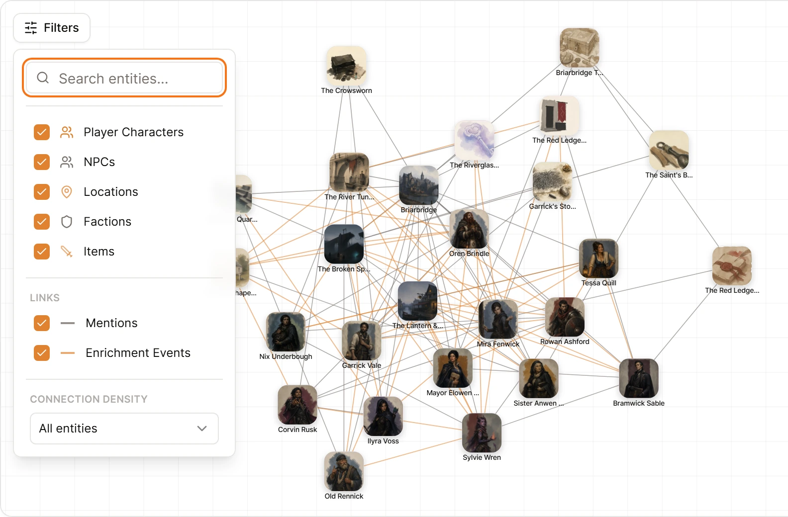 The Saga20 campaign graph with its link filters open.