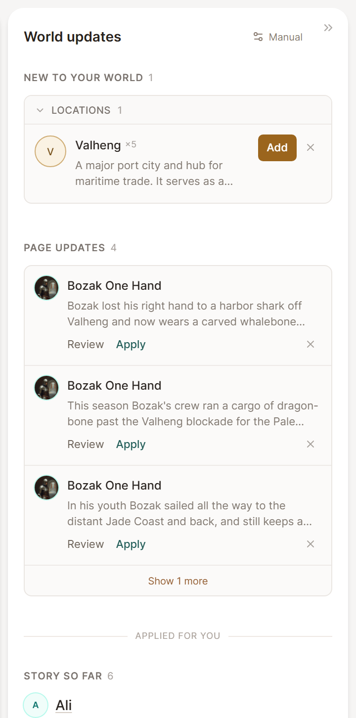 The World updates panel with a new location under New to your world, page updates to review, and Story so far entries already applied.