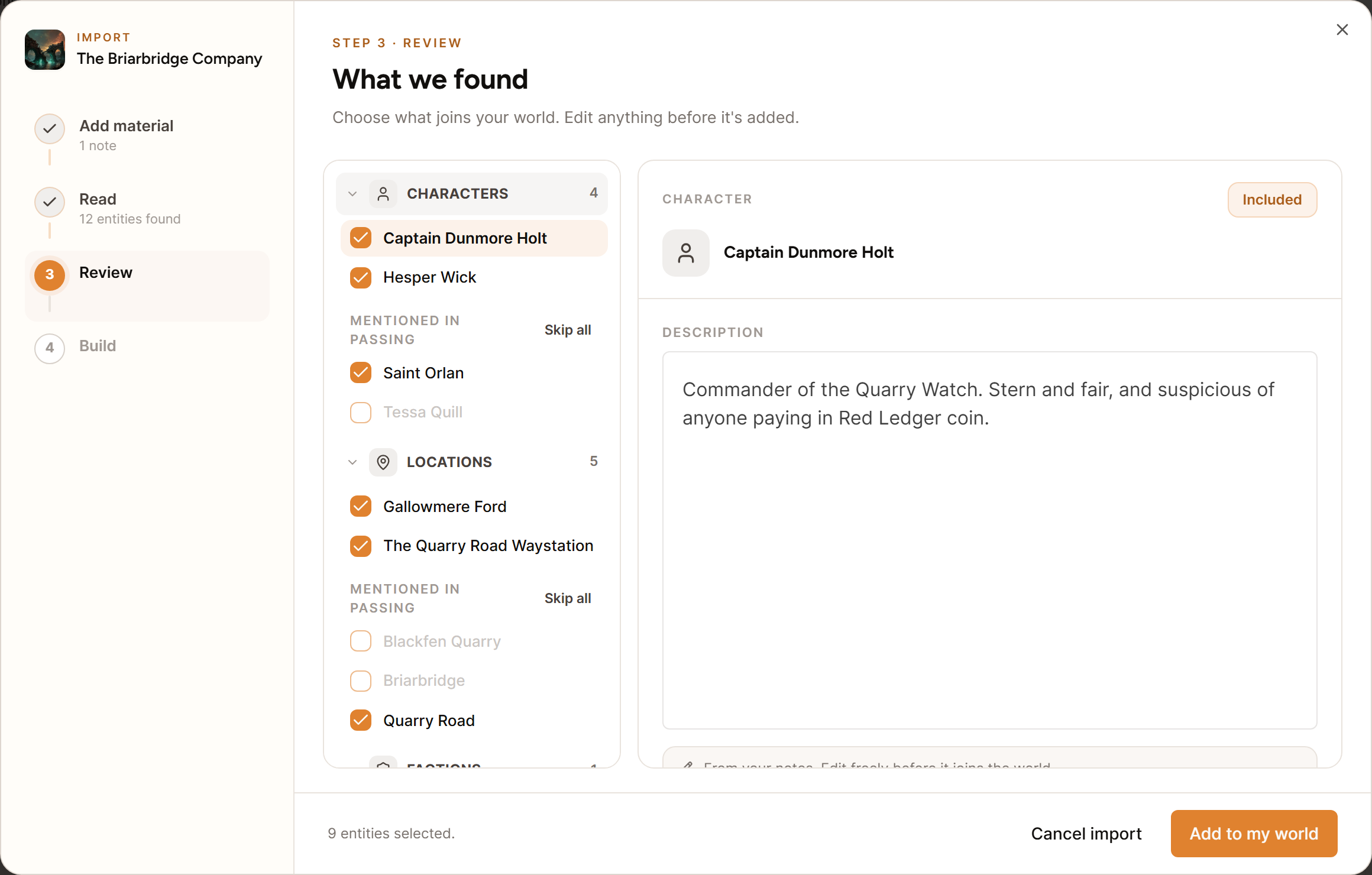 The Review step of an import, with the suggested characters and locations ticked and ready to add.