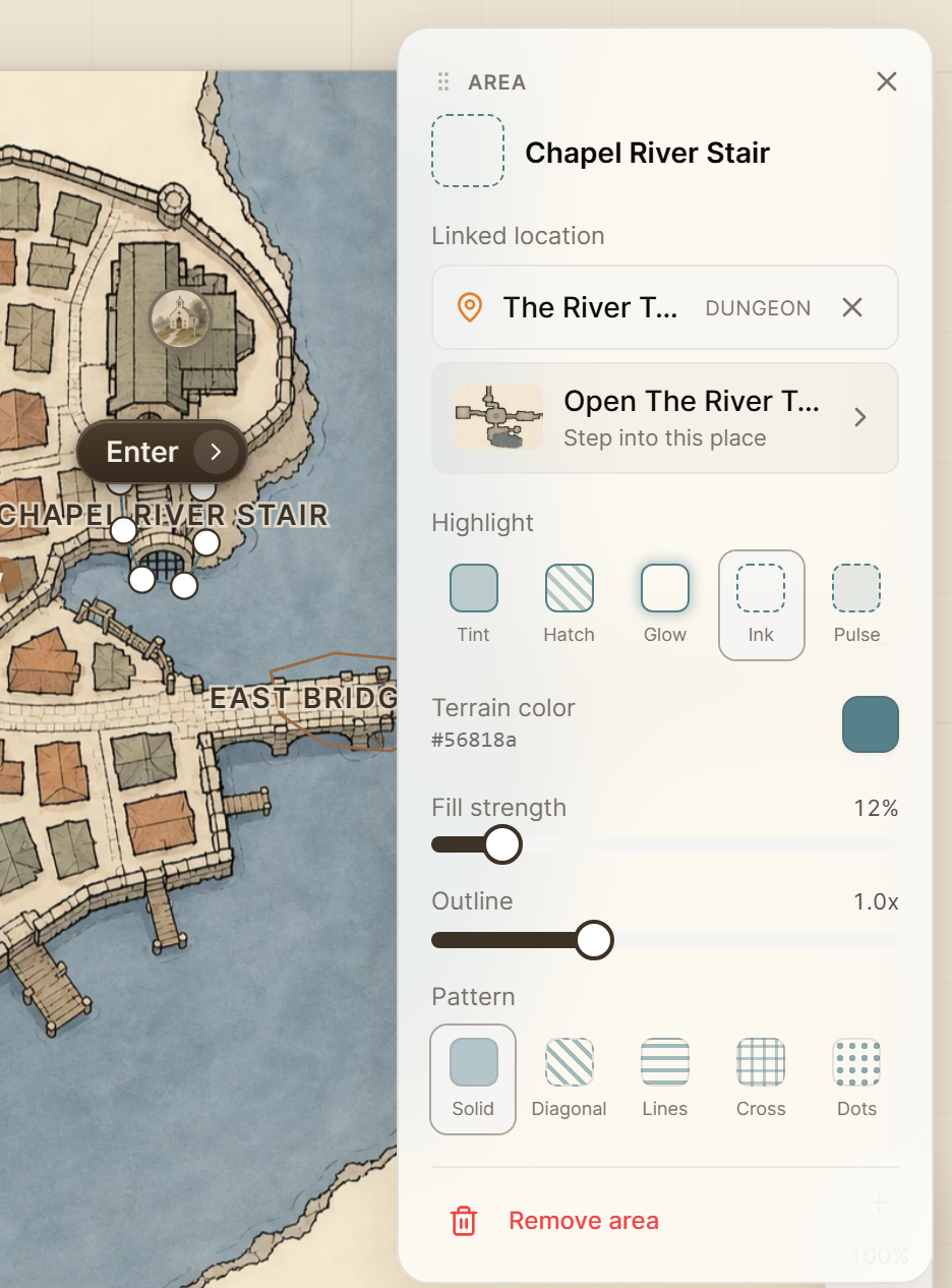 The Chapel River Stair area selected on the map, with its panel showing the name, Highlight choices, Terrain color, Fill strength and Outline.