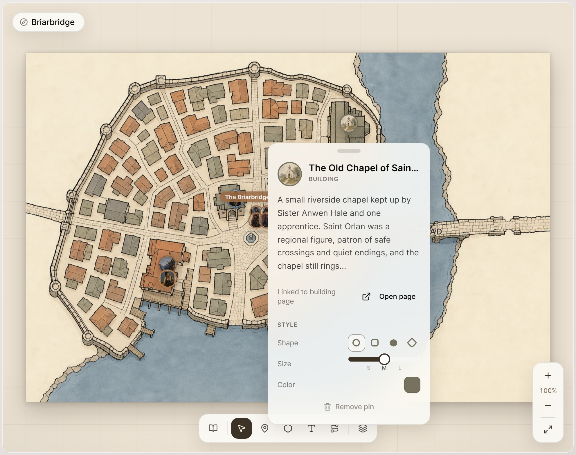 A town map with pins showing their pictures, the card for The Old Chapel of Saint Orlan open with Open page, and the toolbar along the bottom.