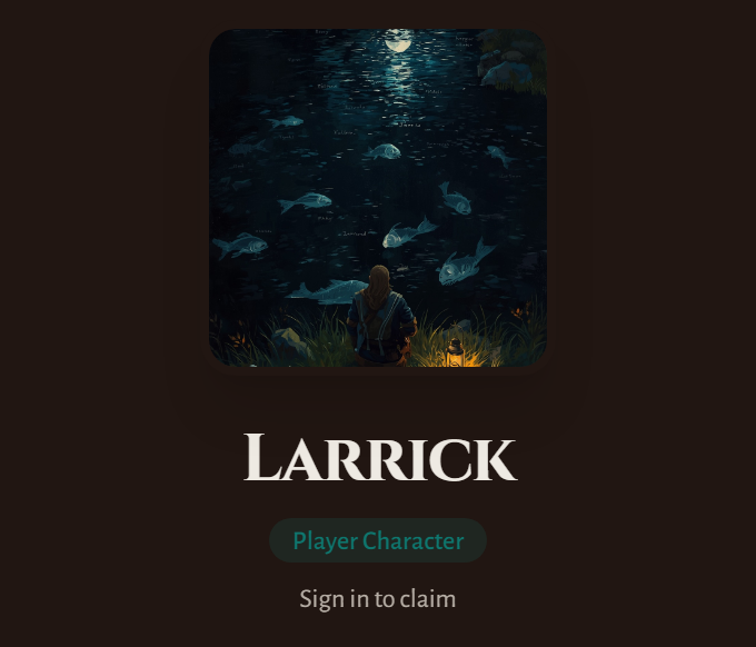 A player character's page on the campaign wiki for a visitor who is not signed in, with the Player Character label and Sign in to claim under the name.