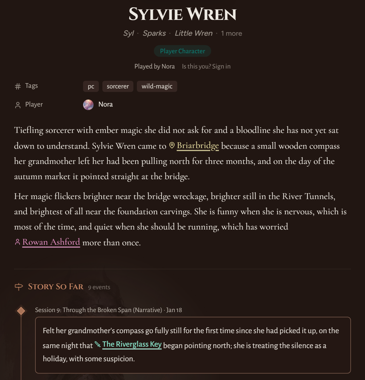 Sylvie Wren's claimed page on the campaign wiki, with her description and Story So Far.
