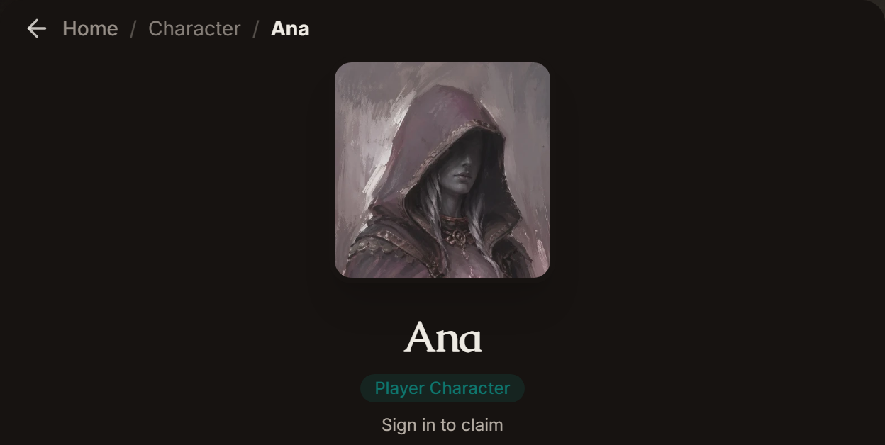 A player character's page on the campaign wiki with Sign in to claim under the name.