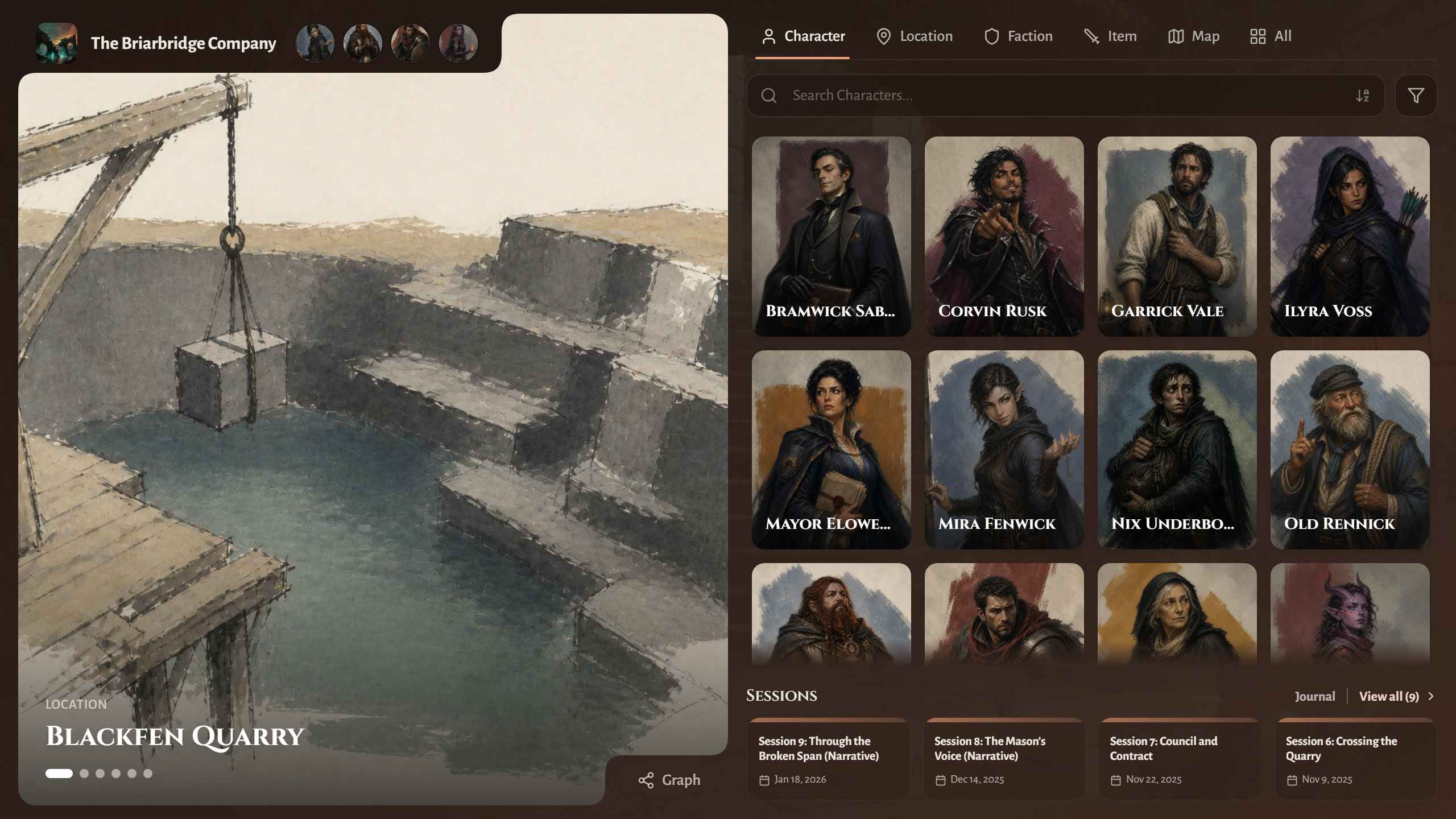 A campaign wiki home with the party's portraits beside the campaign name and the Sessions shelf with Journal and View all.